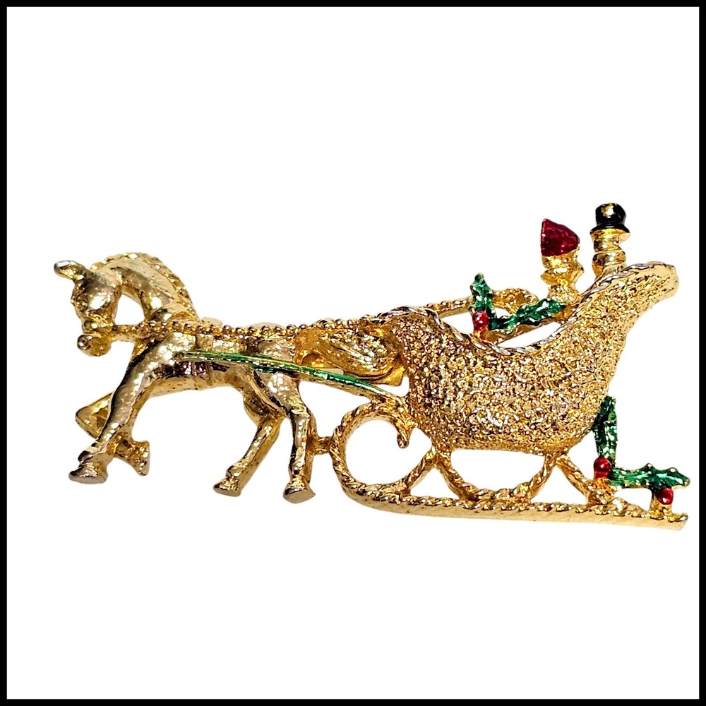 Vintage Gerrys Gold Tone Christmas Sleigh Brooch Pin Horse Holiday Enamel Winter